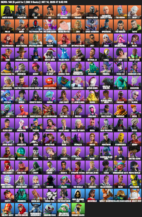 Fortnite Account ( PC / XBOX ) (Lara Croft, Darth Vader, Predator, Era, Raz, Kymera, Menace, Mandalorian, Paradigm (Reality-659), The Origin, Snap, Malik, Ronin, Peter Griffin, Zeus, Spire Assassin, Omegarok) (146 Skins) Fortnite Account ( PC / XBOX ) (Lara Croft, Darth Vader, Predator, Era, Raz, Kymera, Menace, Mandalorian, Paradigm (Reality-659), The Origin, Snap, Malik, Ronin, Peter Griffin, Zeus, Spire Assassin, Omegarok) (146 Skins)