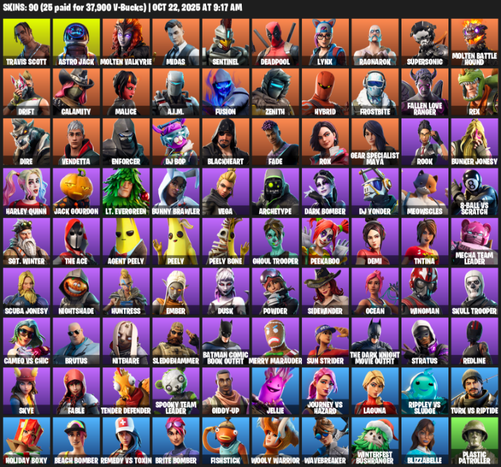 Fortnite Account ( PLAYSTATION / XBOX / PC ) (Travis Scott, Gear Specialist Maya, Astro Jack, Molten Valkyrie, Midas, Sentinel, Deadpool, Lynx, Ragnarok, Supersonic, Drift, Calamity, Malice, A.I.M., Fusion, Zenith, Hybrid, Frostbite, Fallen Love Ranger) (90 Skins) Fortnite Account ( PLAYSTATION / XBOX / PC ) (Travis Scott, Gear Specialist Maya, Astro Jack, Molten Valkyrie, Midas, Sentinel, Deadpool, Lynx, Ragnarok, Supersonic, Drift, Calamity, Malice, A.I.M., Fusion, Zenith, Hybrid, Frostbite, Fallen Love Ranger) (90 Skins)