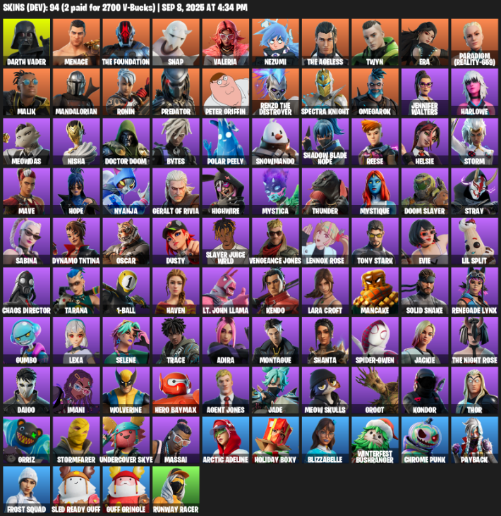 Fortnite Account ( PLAYSTATION / XBOX / PC ) (Lara Croft, Darth Vader, Menace, The Foundation, Snap, Valeria, Nezumi, Twyn, Era, Paradigm (Reality-659), Malik, Mandalorian, Ronin, Predator, Peter Griffin, Spectra Knight, Omegarok, Jennifer Walters) (94 Skins) Fortnite Account ( PLAYSTATION / XBOX / PC ) (Lara Croft, Darth Vader, Menace, The Foundation, Snap, Valeria, Nezumi, Twyn, Era, Paradigm (Reality-659), Malik, Mandalorian, Ronin, Predator, Peter Griffin, Spectra Knight, Omegarok, Jennifer Walters) (94 Skins)