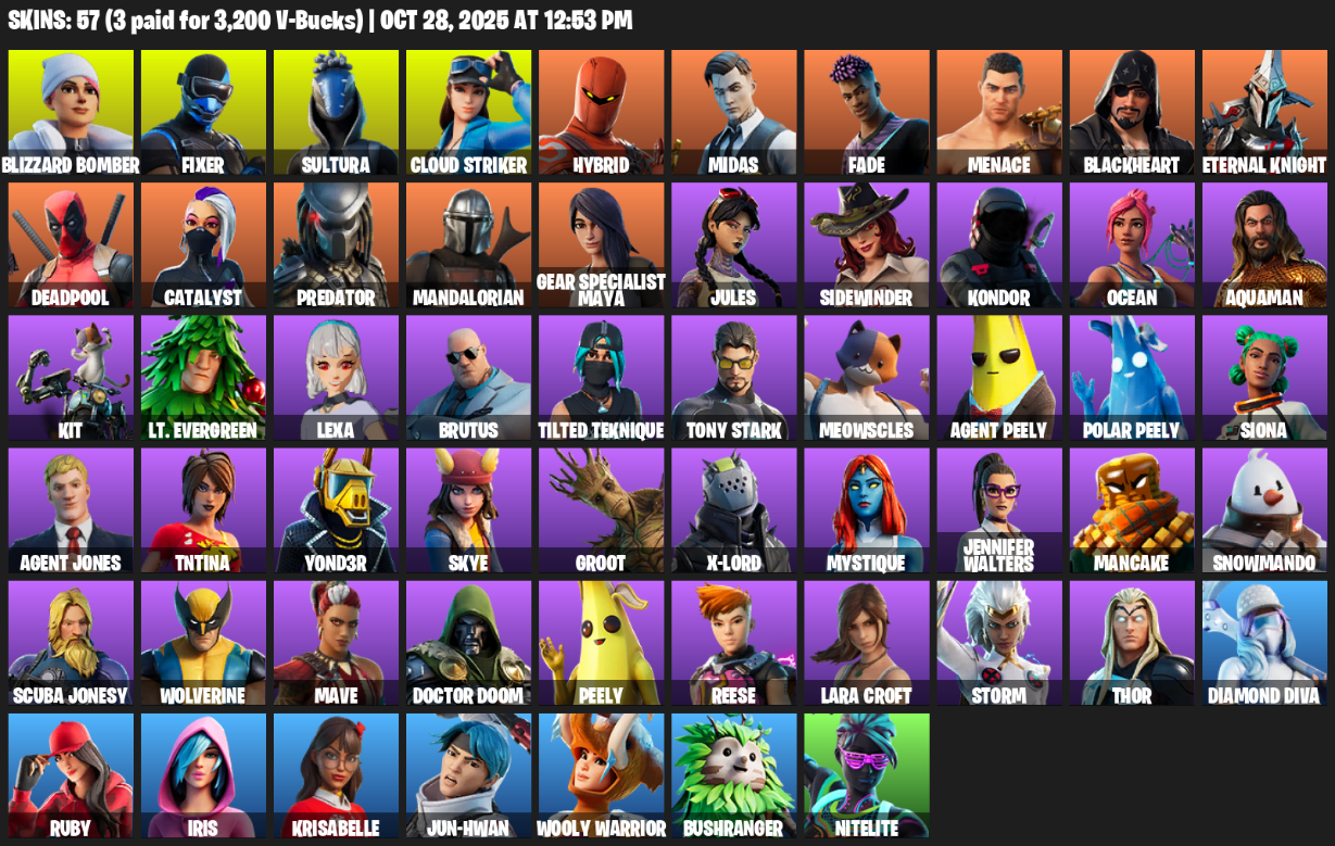 Fortnite Account ( PC / PLAYSTATION / XBOX ) (Lara Croft, Gear Specialist Maya, Blizzard Bomber, Fixer, Sultura, Cloud Striker, Hybrid, Midas, Fade, Menace, Blackheart, Eternal Knight, Deadpool, Catalyst, Predator, Mandalorian, Jules, Sidewinder, Kondor, Ocean) (57 Skins) Fortnite Account ( PC / PLAYSTATION / XBOX ) (Lara Croft, Gear Specialist Maya, Blizzard Bomber, Fixer, Sultura, Cloud Striker, Hybrid, Midas, Fade, Menace, Blackheart, Eternal Knight, Deadpool, Catalyst, Predator, Mandalorian, Jules, Sidewinder, Kondor, Ocean) (57 Skins)