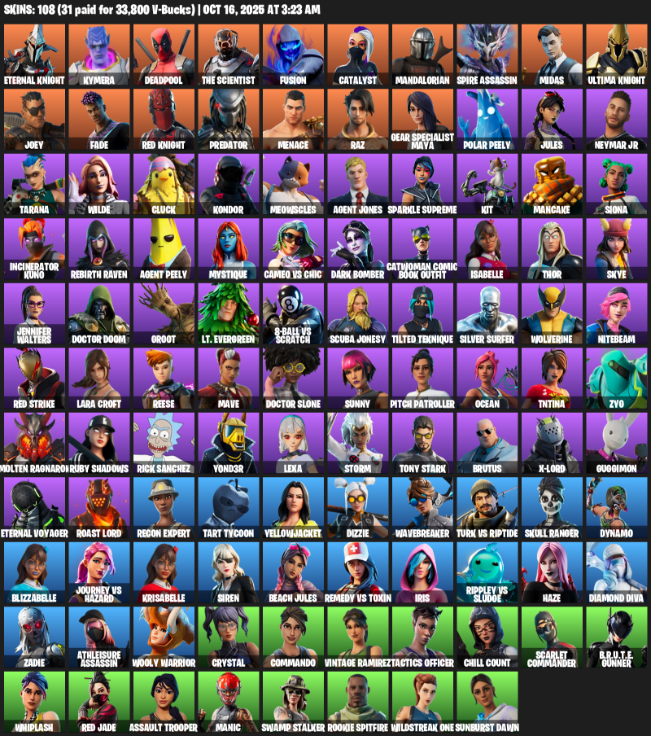 Fortnite Account ( PC / XBOX ) (Gear Specialist Maya, Lara Croft, Eternal Knight, Kymera, Deadpool, The Scientist, Fusion, Catalyst, Mandalorian, Spire Assassin, Midas, Joey, Fade, Predator, Menace, Raz, Polar Peely, Jules) (108 Skins) Fortnite Account ( PC / XBOX ) (Gear Specialist Maya, Lara Croft, Eternal Knight, Kymera, Deadpool, The Scientist, Fusion, Catalyst, Mandalorian, Spire Assassin, Midas, Joey, Fade, Predator, Menace, Raz, Polar Peely, Jules) (108 Skins)