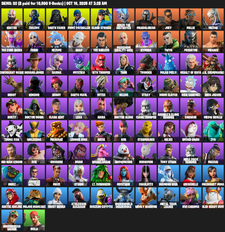 Fortnite Account ( PC / XBOX ) (Point Patroller, Kratos, Trilogy, Darth Vader, Cloud Striker, Renzo the Destroyer, Mandalorian, Joey, Malik, Mizuki, Torin, Nezumi, Snap, Paradigm (Reality-659), Kymera, Twyn, Predator, Menace) (92 Skins) Fortnite Account ( PC / XBOX ) (Point Patroller, Kratos, Trilogy, Darth Vader, Cloud Striker, Renzo the Destroyer, Mandalorian, Joey, Malik, Mizuki, Torin, Nezumi, Snap, Paradigm (Reality-659), Kymera, Twyn, Predator, Menace) (92 Skins)