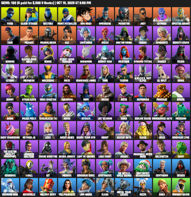Fortnite Account ( PLAYSTATION / XBOX / PC ) (Point Patroller, Lara Croft, Fixer, Cloud Striker, Sultura, Son Goku, Omegarok, Predator, Joey, Kymera, Spectra Knight, Fade, Menace, Mandalorian, Raz, Lightrider, Ocean, Doctor Doom, Korra, Aphrodite) (100 Skins) Fortnite Account ( PLAYSTATION / XBOX / PC ) (Point Patroller, Lara Croft, Fixer, Cloud Striker, Sultura, Son Goku, Omegarok, Predator, Joey, Kymera, Spectra Knight, Fade, Menace, Mandalorian, Raz, Lightrider, Ocean, Doctor Doom, Korra, Aphrodite) (100 Skins)