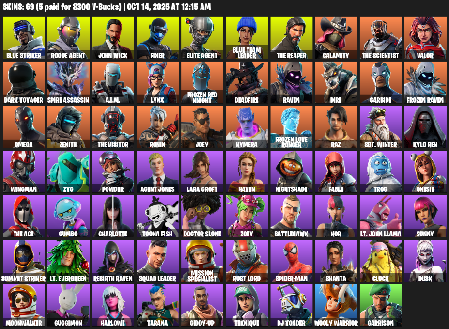 Fortnite Account ( PC / XBOX ) (Elite Agent, The Reaper, Omega, Lara Croft, Blue Striker, John Wick, Fixer, Calamity, Valor, Dark Voyager, Spire Assassin, A.I.M., Lynx, Frozen Red Knight, Deadfire, Raven, Dire) (69 Skins) Fortnite Account ( PC / XBOX ) (Elite Agent, The Reaper, Omega, Lara Croft, Blue Striker, John Wick, Fixer, Calamity, Valor, Dark Voyager, Spire Assassin, A.I.M., Lynx, Frozen Red Knight, Deadfire, Raven, Dire) (69 Skins)