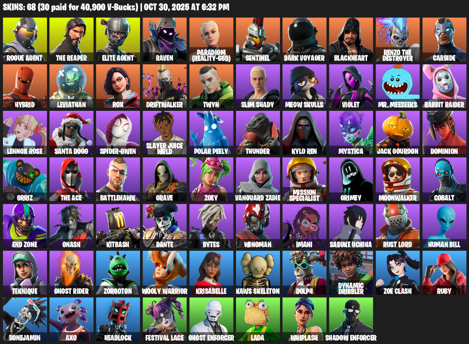 Fortnite Account ( XBOX / PC ) (Elite Agent, The Reaper, Raven, Paradigm (Reality-659), Sentinel, Dark Voyager, Blackheart, Carbide, Hybrid, Leviathan, Rox, Driftwalker, Twyn, Slim Shady, Meow Skulls, Violet, Mr. Meeseeks, Rabbit Raider) (68 Skins) Fortnite Account ( XBOX / PC ) (Elite Agent, The Reaper, Raven, Paradigm (Reality-659), Sentinel, Dark Voyager, Blackheart, Carbide, Hybrid, Leviathan, Rox, Driftwalker, Twyn, Slim Shady, Meow Skulls, Violet, Mr. Meeseeks, Rabbit Raider) (68 Skins)