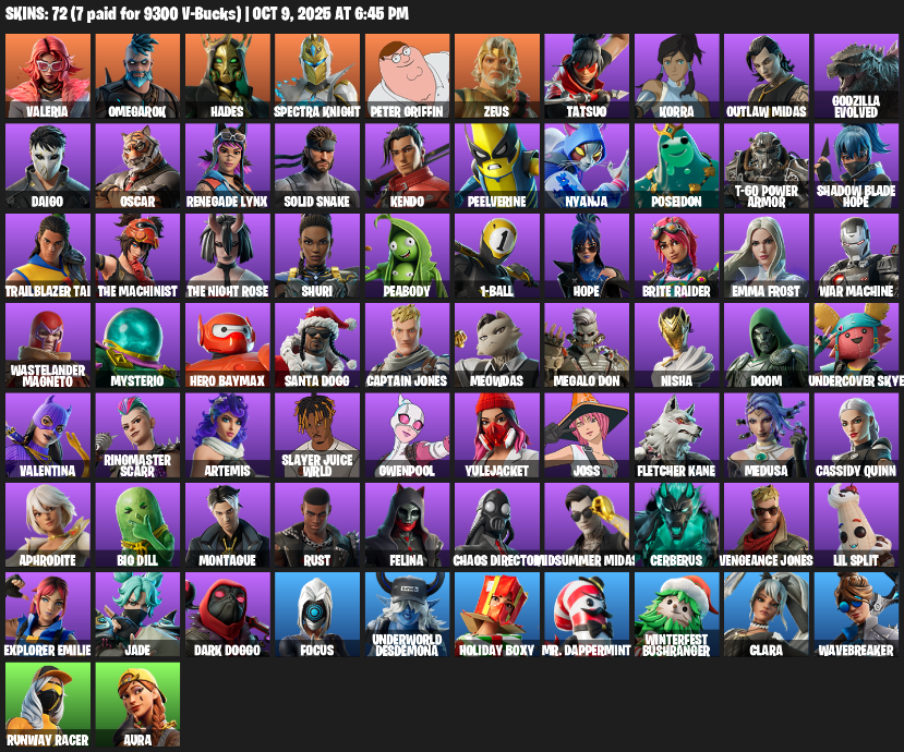 Fortnite Account ( PLAYSTATION / XBOX / PC ) (Omegarok, Valeria, Hades, Spectra Knight, Peter Griffin, Zeus, Tatsuo, Korra, Outlaw Midas, Godzilla Evolved, Daigo, Oscar, Renegade Lynx, Solid Snake, Kendo, Peelverine, Nyanja, Poseidon, T-60 Power Armor, Shadow Blade Hope) (72 Skins) Fortnite Account ( PLAYSTATION / XBOX / PC ) (Omegarok, Valeria, Hades, Spectra Knight, Peter Griffin, Zeus, Tatsuo, Korra, Outlaw Midas, Godzilla Evolved, Daigo, Oscar, Renegade Lynx, Solid Snake, Kendo, Peelverine, Nyanja, Poseidon, T-60 Power Armor, Shadow Blade Hope) (72 Skins)
