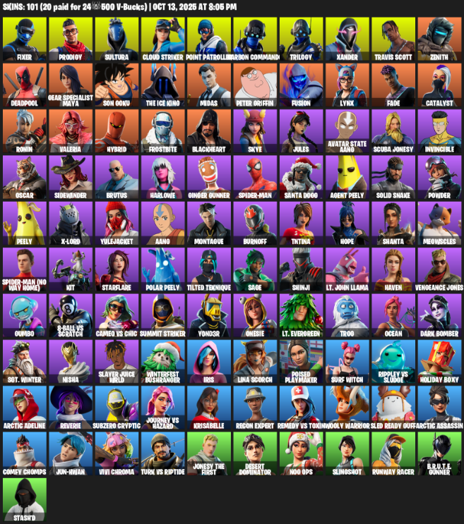 Fortnite Account ( PC / XBOX ) (Travis Scott, Point Patroller, Gear Specialist Maya, Fixer, Prodigy, Sultura, Cloud Striker, Carbon Commando, Trilogy, Xander, Zenith, Deadpool, Son Goku, The Ice King, Midas, Peter Griffin, Fusion, Lynx, Fade, Catalyst) (101 Skins) Fortnite Account ( PC / XBOX ) (Travis Scott, Point Patroller, Gear Specialist Maya, Fixer, Prodigy, Sultura, Cloud Striker, Carbon Commando, Trilogy, Xander, Zenith, Deadpool, Son Goku, The Ice King, Midas, Peter Griffin, Fusion, Lynx, Fade, Catalyst) (101 Skins)