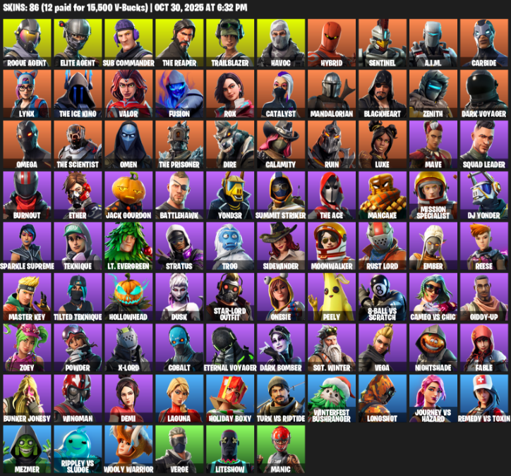 Fortnite Account ( PLAYSTATION / XBOX / PC ) (Elite Agent, The Reaper, Omega, Sub Commander, Trailblazer, Havoc, Hybrid, Sentinel, A.I.M., Carbide, Lynx, Valor, Fusion, Rox, Catalyst, Mandalorian, Blackheart, Zenith) (86 Skins) Fortnite Account ( PLAYSTATION / XBOX / PC ) (Elite Agent, The Reaper, Omega, Sub Commander, Trailblazer, Havoc, Hybrid, Sentinel, A.I.M., Carbide, Lynx, Valor, Fusion, Rox, Catalyst, Mandalorian, Blackheart, Zenith) (86 Skins)