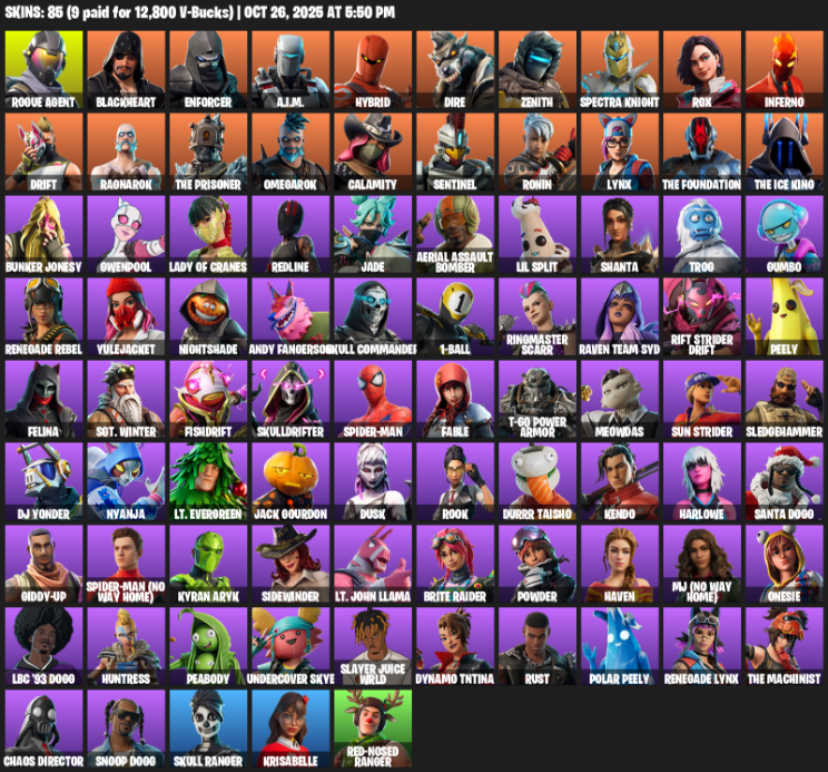 Fortnite Account ( PLAYSTATION / XBOX / PC ) (Rogue Agent, Blackheart, Enforcer, A.I.M., Hybrid, Dire, Zenith, Spectra Knight, Rox, Inferno, Drift, Ragnarok, The Prisoner, Omegarok, Calamity, Sentinel, Ronin, Lynx) (85 Skins) Fortnite Account ( PLAYSTATION / XBOX / PC ) (Rogue Agent, Blackheart, Enforcer, A.I.M., Hybrid, Dire, Zenith, Spectra Knight, Rox, Inferno, Drift, Ragnarok, The Prisoner, Omegarok, Calamity, Sentinel, Ronin, Lynx) (85 Skins)