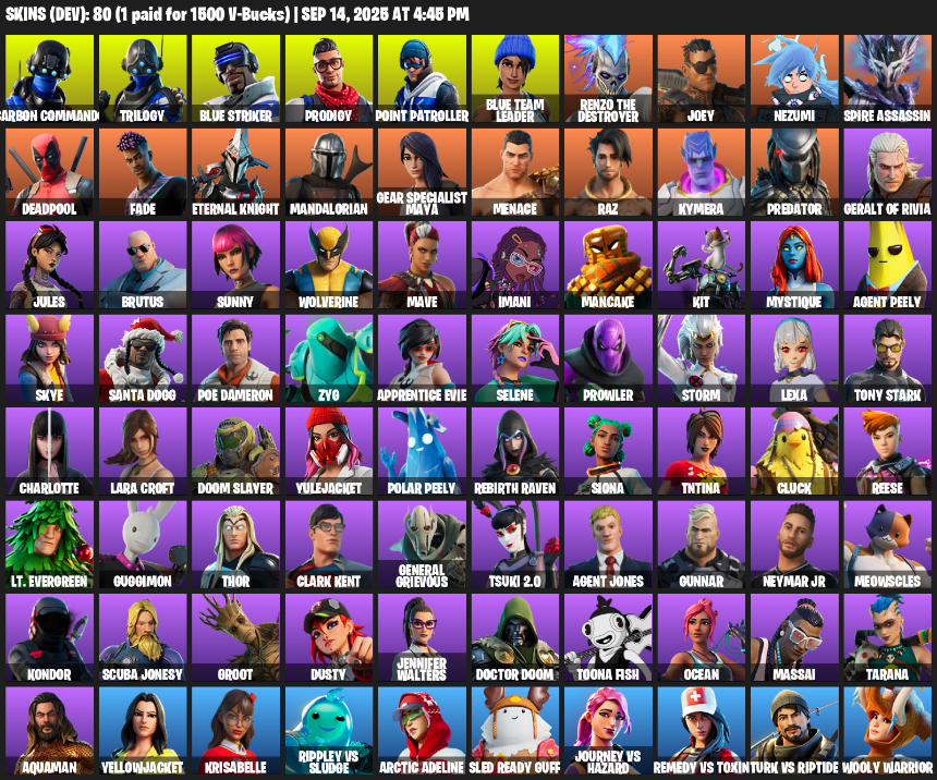 Fortnite Account ( PLAYSTATION / XBOX / PC ) (Lara Croft, Point Patroller, Gear Specialist Maya, Carbon Commando, Trilogy, Blue Striker, Prodigy, Renzo the Destroyer, Joey, Nezumi, Spire Assassin, Deadpool, Fade, Eternal Knight, Mandalorian, Menace, Raz, Kymera, Predator) (80 Skins) Fortnite Account ( PLAYSTATION / XBOX / PC ) (Lara Croft, Point Patroller, Gear Specialist Maya, Carbon Commando, Trilogy, Blue Striker, Prodigy, Renzo the Destroyer, Joey, Nezumi, Spire Assassin, Deadpool, Fade, Eternal Knight, Mandalorian, Menace, Raz, Kymera, Predator) (80 Skins)