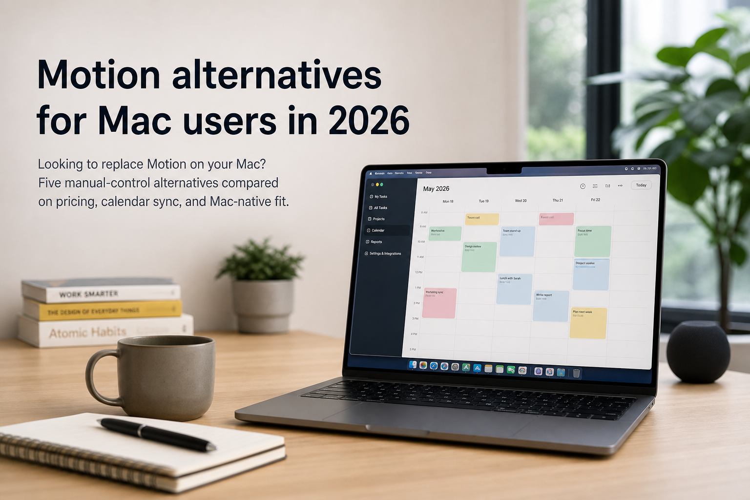 Un planner nella barra dei menu del Mac che mostra cinque blocchi di tempo durante la mattina, con una barra laterale di app di produttività alternative