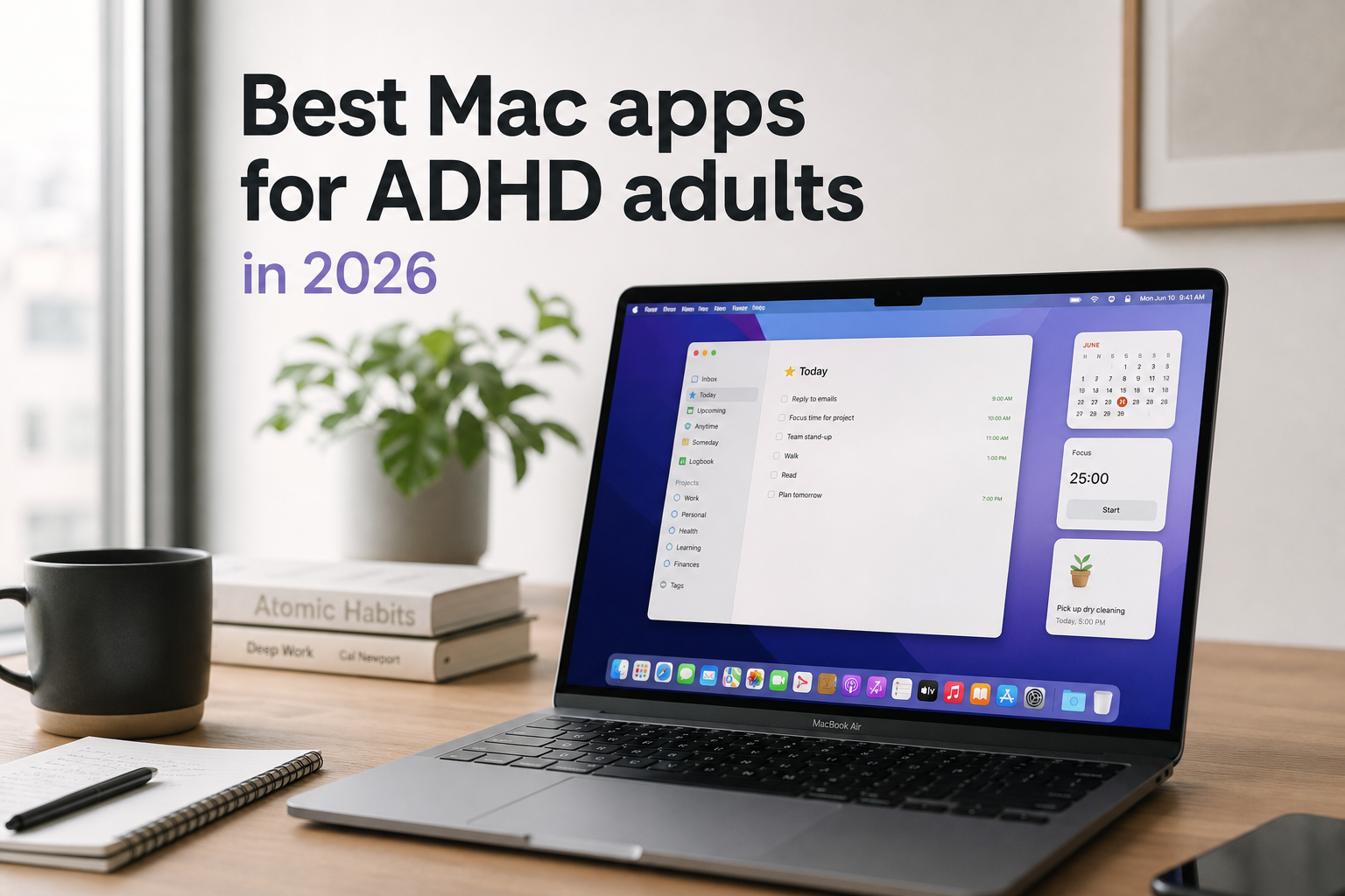 Mac-menulinje, der viser en tidsblokeret arbejdsdag sammen med opsamlings- og fokusværktøjer udvalgt til en ADHD-arbejdsgang