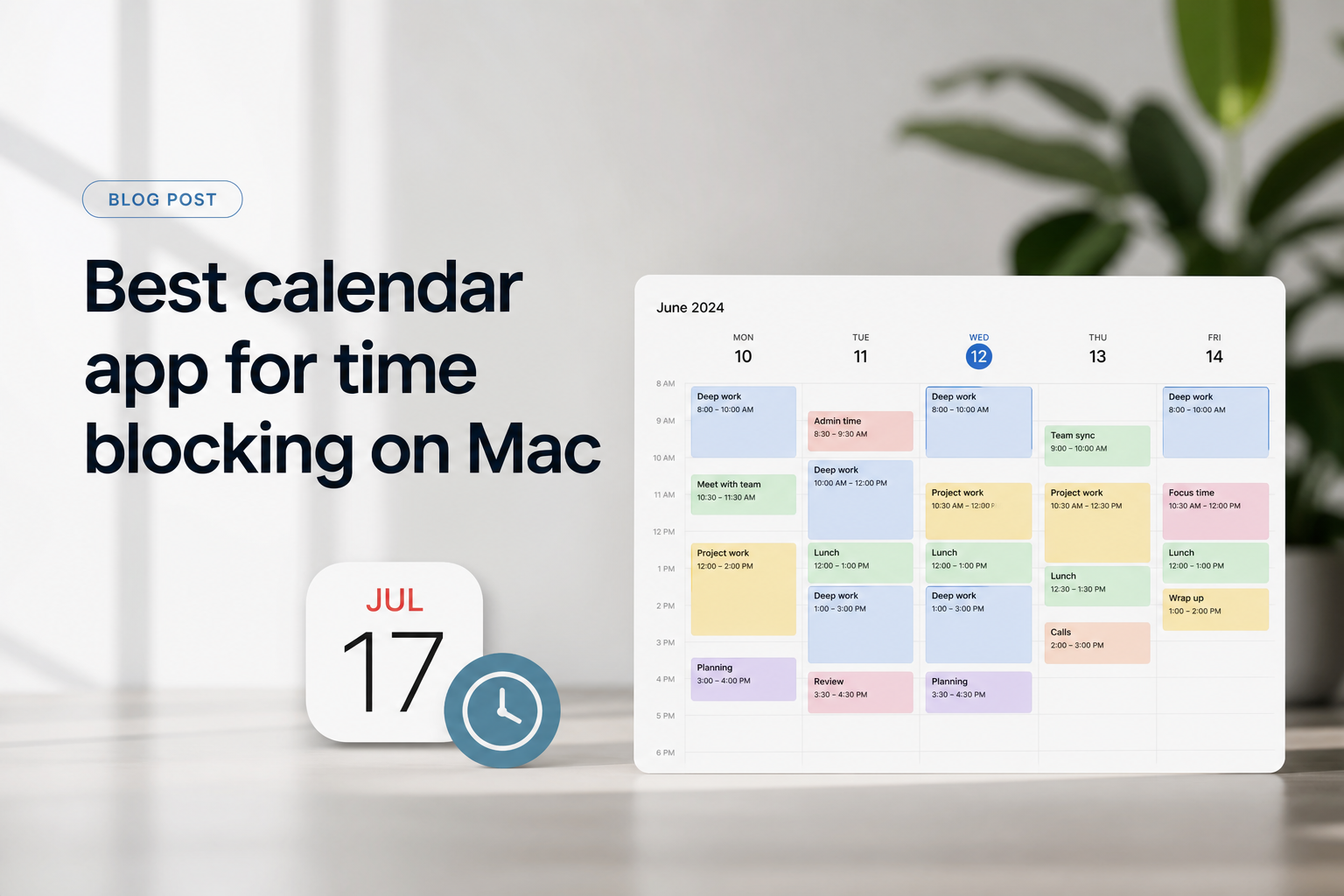 Una timeline del calendario su Mac con blocchi di tempo colorati organizzati in una giornata lavorativa focalizzata