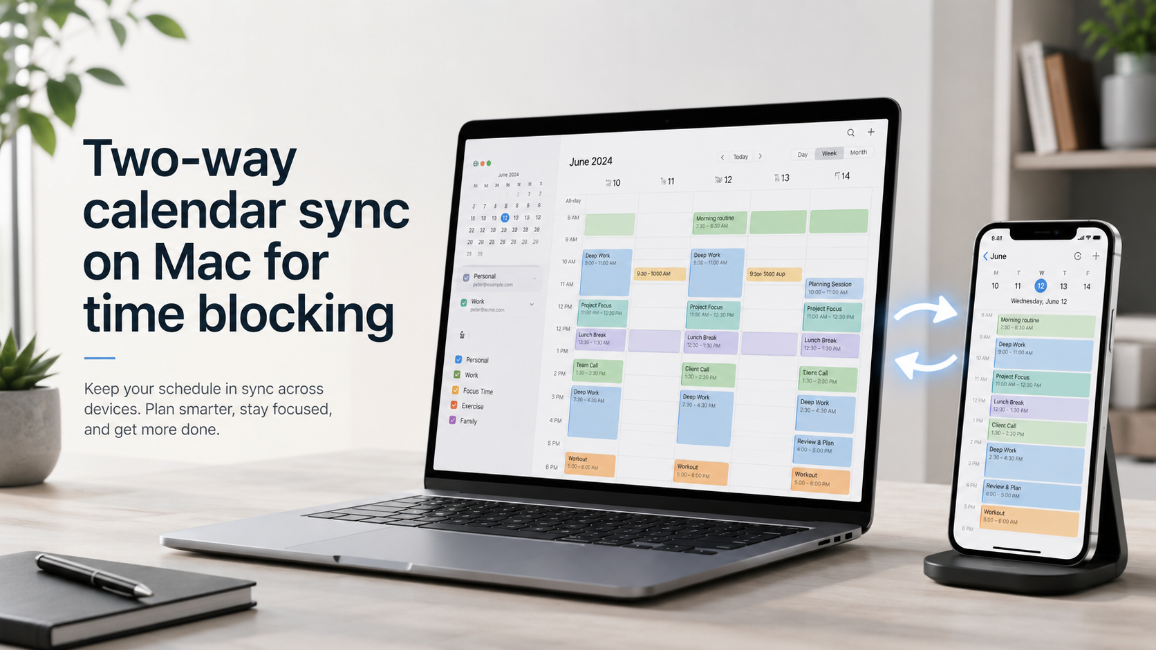 Google, Outlook, Apple 이벤트가 편집 가능한 시간 블록으로 표시된 Mac 메뉴 바 캘린더 패널