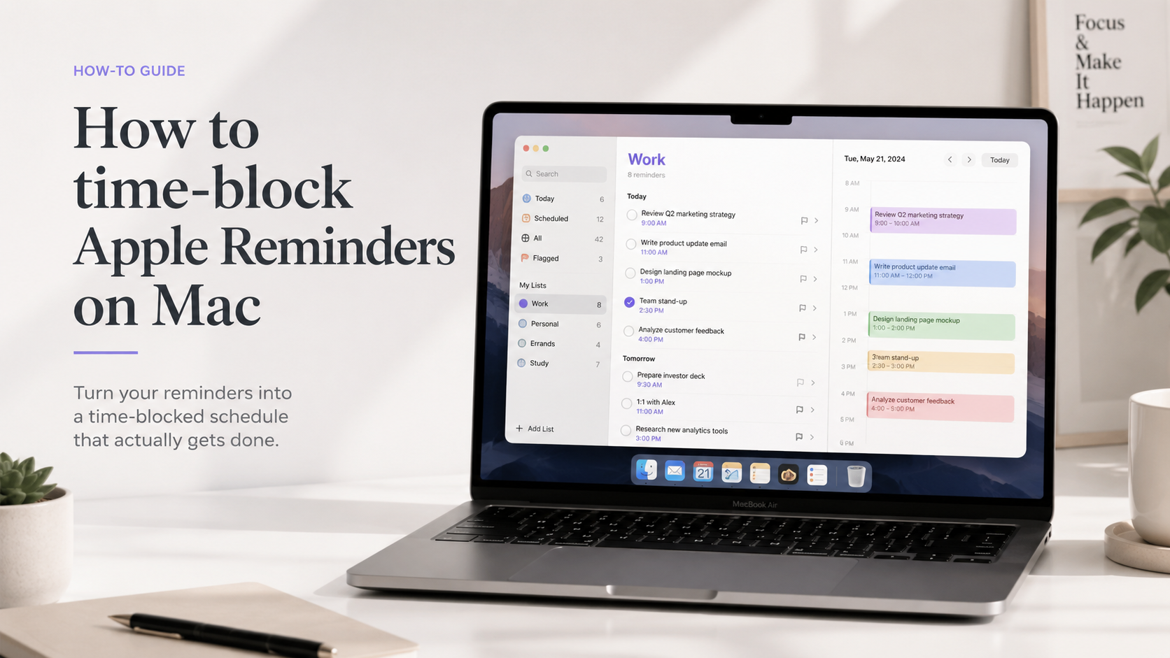 Tareas de Recordatorios de Apple siendo arrastradas a una línea de tiempo de bloqueo de tiempo en la barra de menú de Mac