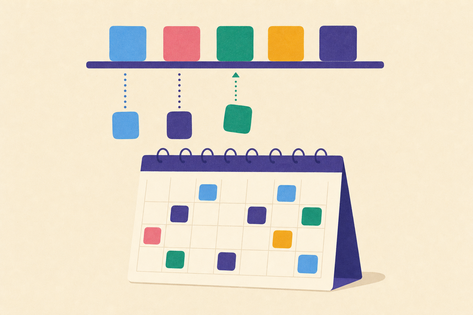 Illustrazione piatta di blocchi calendario colorati di Outlook che fluiscono dalla barra dei menu di Mac in una timeline giornaliera ordinata