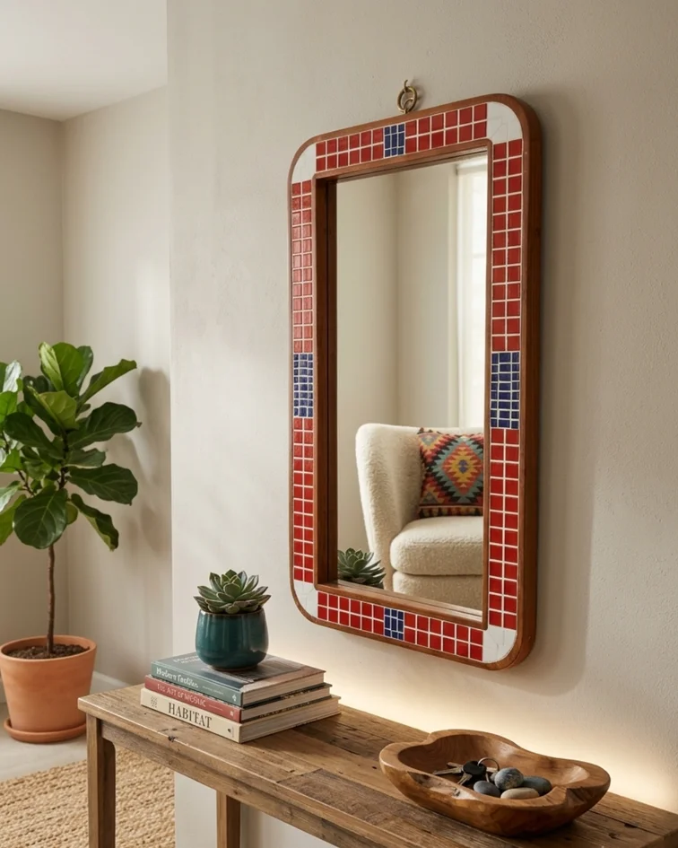 Espejo de Pared Artesanal en Madera y Mosaico 