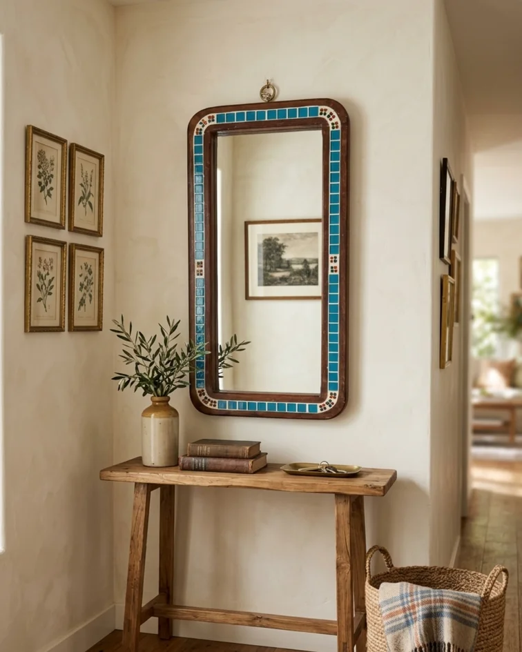 Espejo de Pared Artesanal Azul en Madera