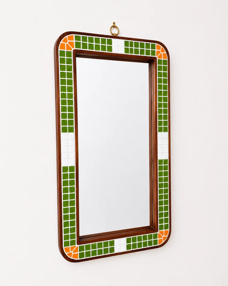 Espejo de Pared Artesanal Verde en Madera 
