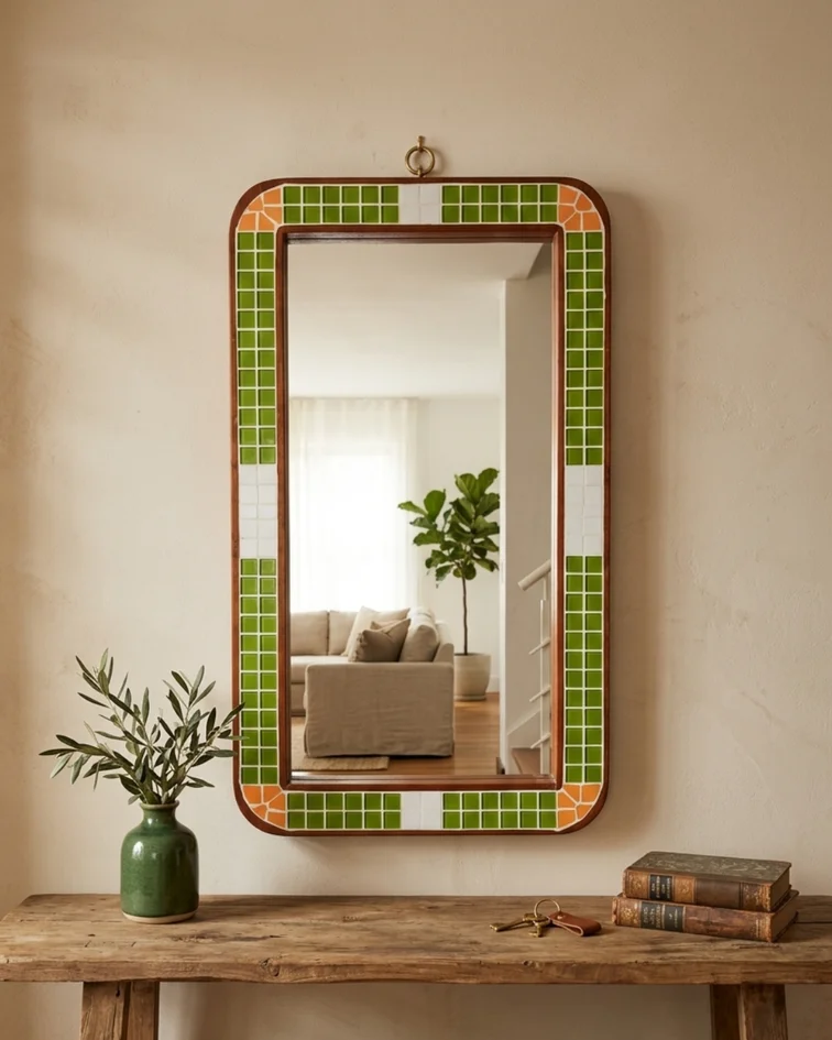 Espejo de Pared Artesanal Verde en Madera 