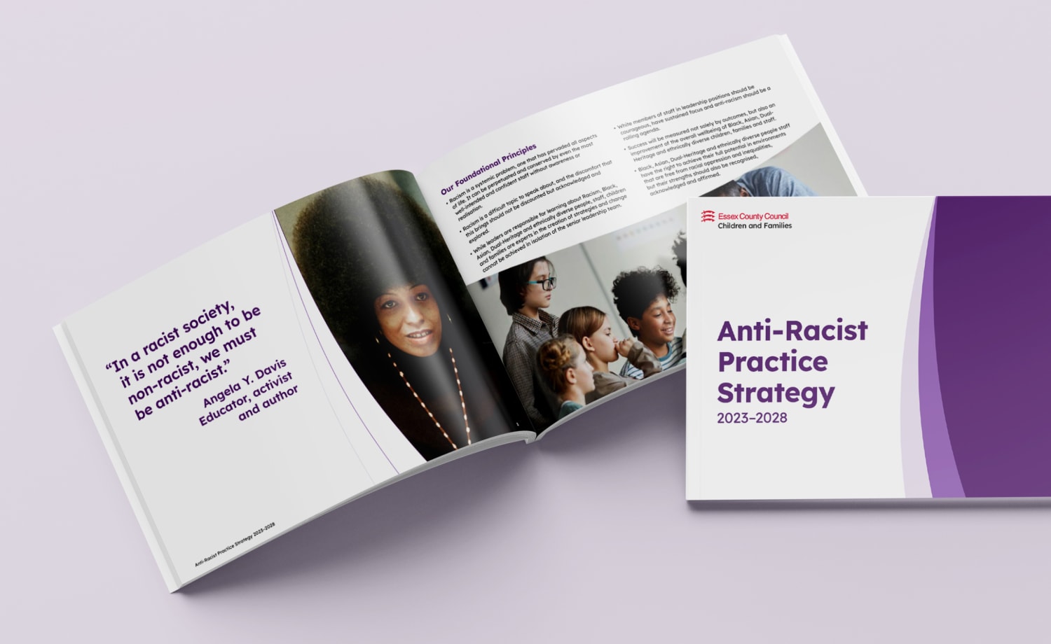 The Essex County Council Anti-Racist strategy document showing both the cover and a double page spread.
