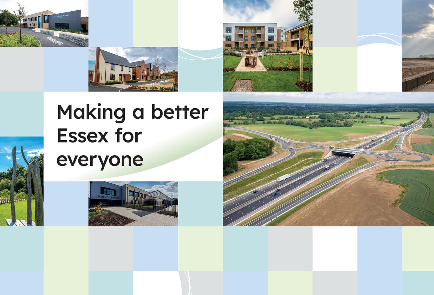 Composite including various photos of Essex Council projects on a patterned background