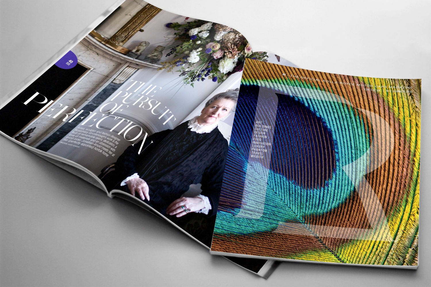 Two copies of RR magazine, one is open at an exclusive interview with artist Rosemary Goodenough photographed in her Norfolk home, the other is closed and shows the cover design featuring a close-up of a peacock’s feather.