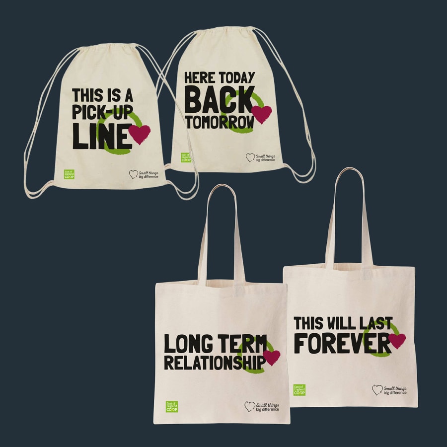 Reusable cotton bags with campaign slogans.