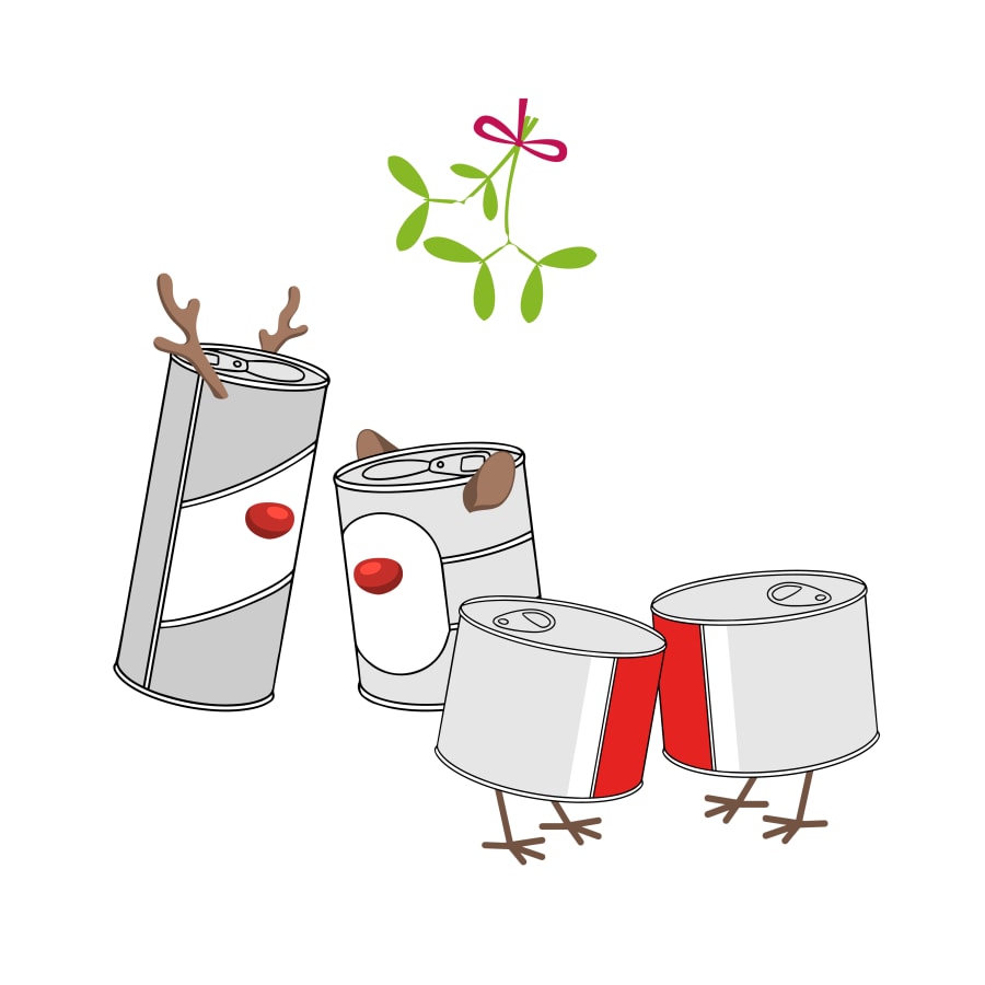 Illustrations of pairs of tins, two with red noses and antlers like Rudolph, and two with red panels like robins, underneath some mistletoe.