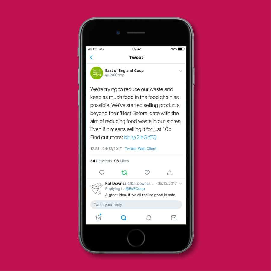 Co-op Guide to Dating launch day tweet shown on a mobile phone.