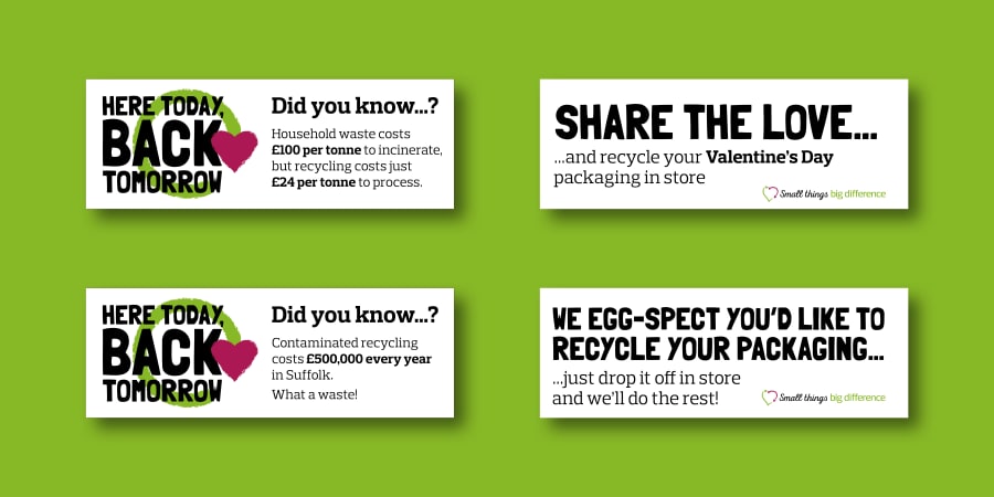 Shelf talkers displaying recycling messaging.