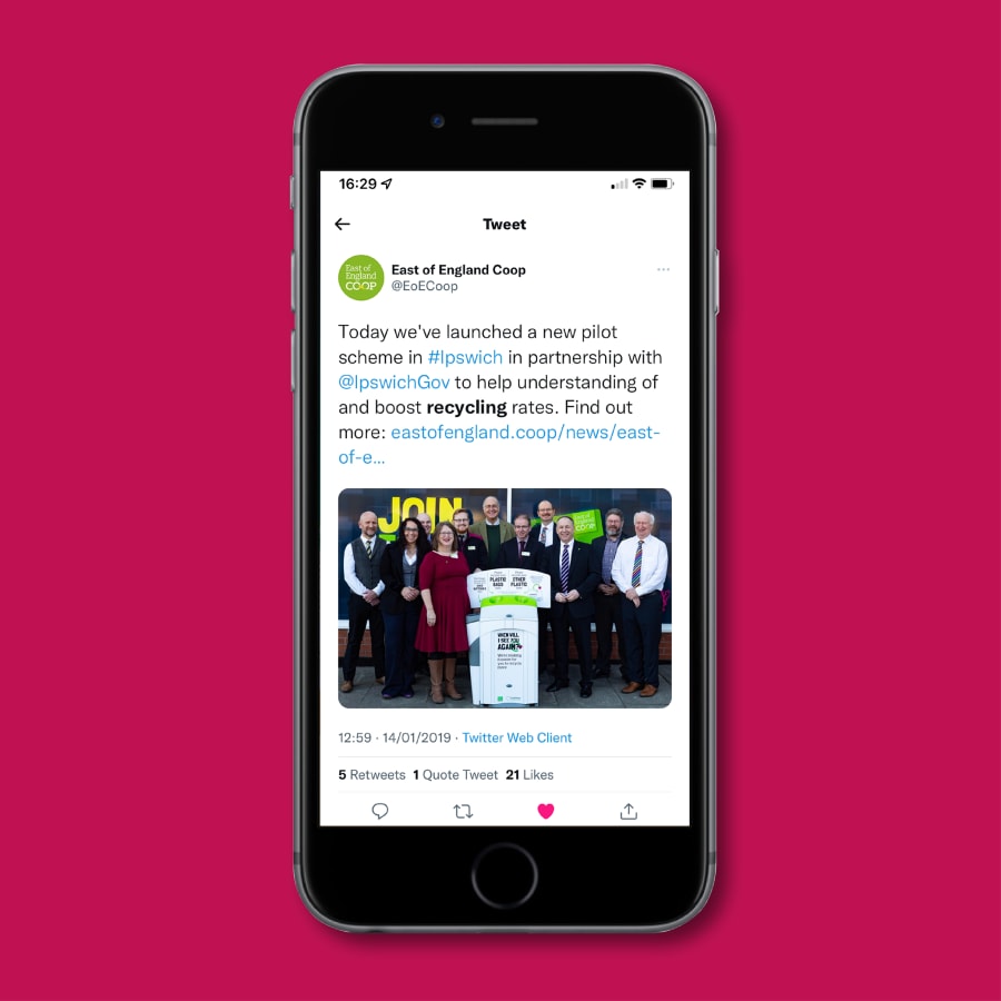 Plastic recycling initiative campaign launch day tweet shown on a mobile phone