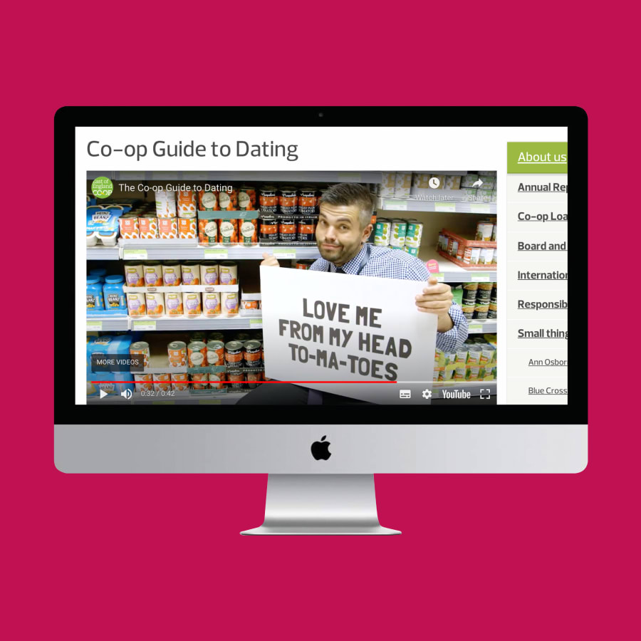 Computer screen showing one of the Co-op Guide to Dating videos playing.