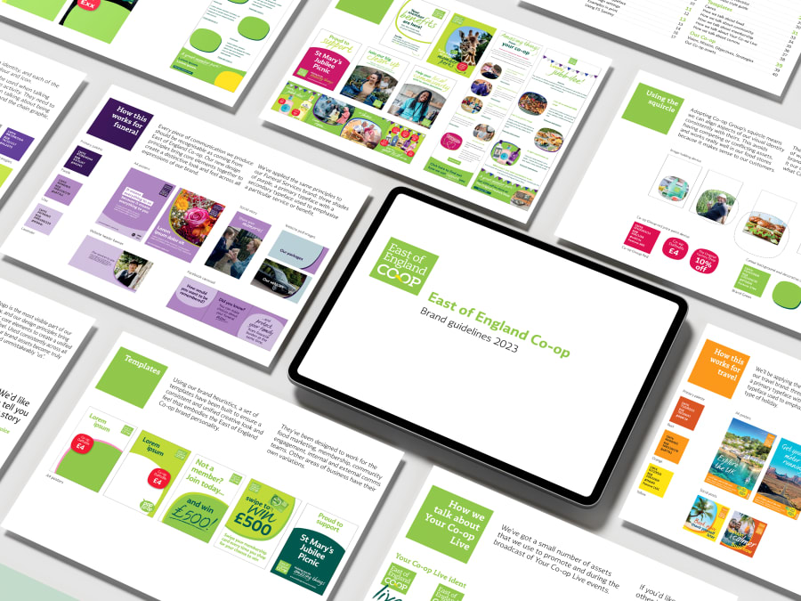 Various pages from the 2023 East of England Co-op Brand Guidelines.