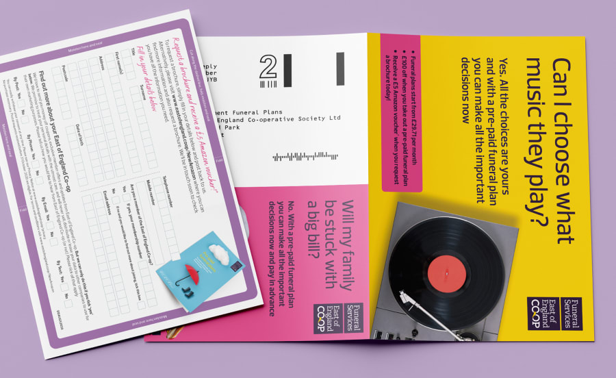 An unfolded mailer, with a perforated form to complete on one side, and the headline “Can I choose what music they play?” above a record player on a bright yellow background on the other side.