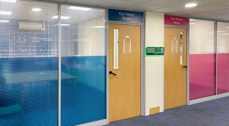 Room signage, wall, and window vinyls installed at head office, for the Our Vision Room and the Our Mission Room.