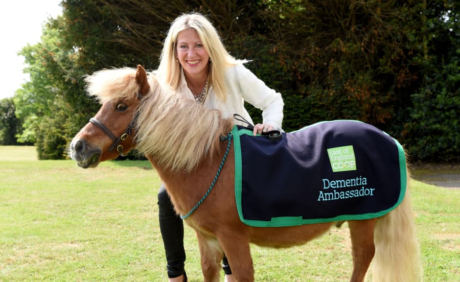 Dementia Ambassador Shetland pony Jack Brock and ex-Joint CEO Minnie Moll in the grounds of Wherstead Mansion.