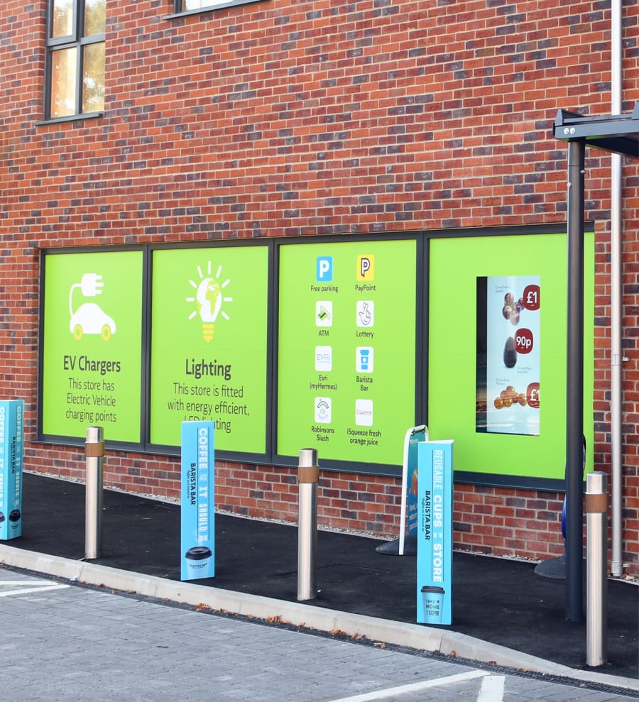 Sustainability window vinyl that reads Our fridges are A-rated for energy usage.