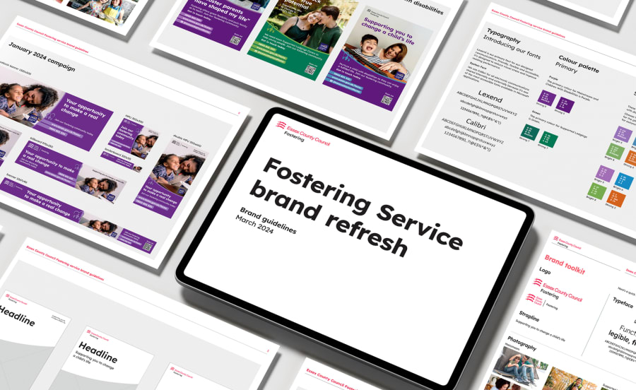 Different pages from the Fostering Service team’s brand guidelines are displayed in a grid.