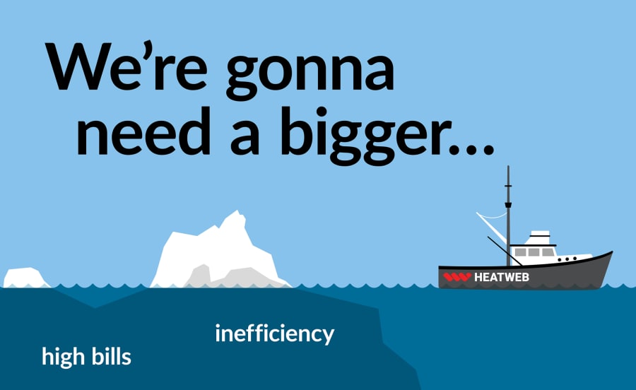 One of the social media graphics for the company’s campaign “No Plan B”, showing an iceberg with labels under the surface, and the headline “We’re gonna need a bigger…” above a small boat that has the Heatweb logo on its side.