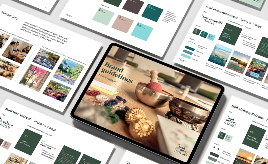 Different pages from the business’s brand guidelines, displayed in a grid.