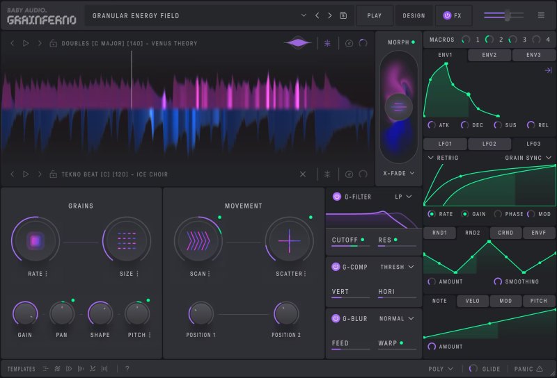Baby Audio Grainferno dual-sample morphing and per-grain effects detail view