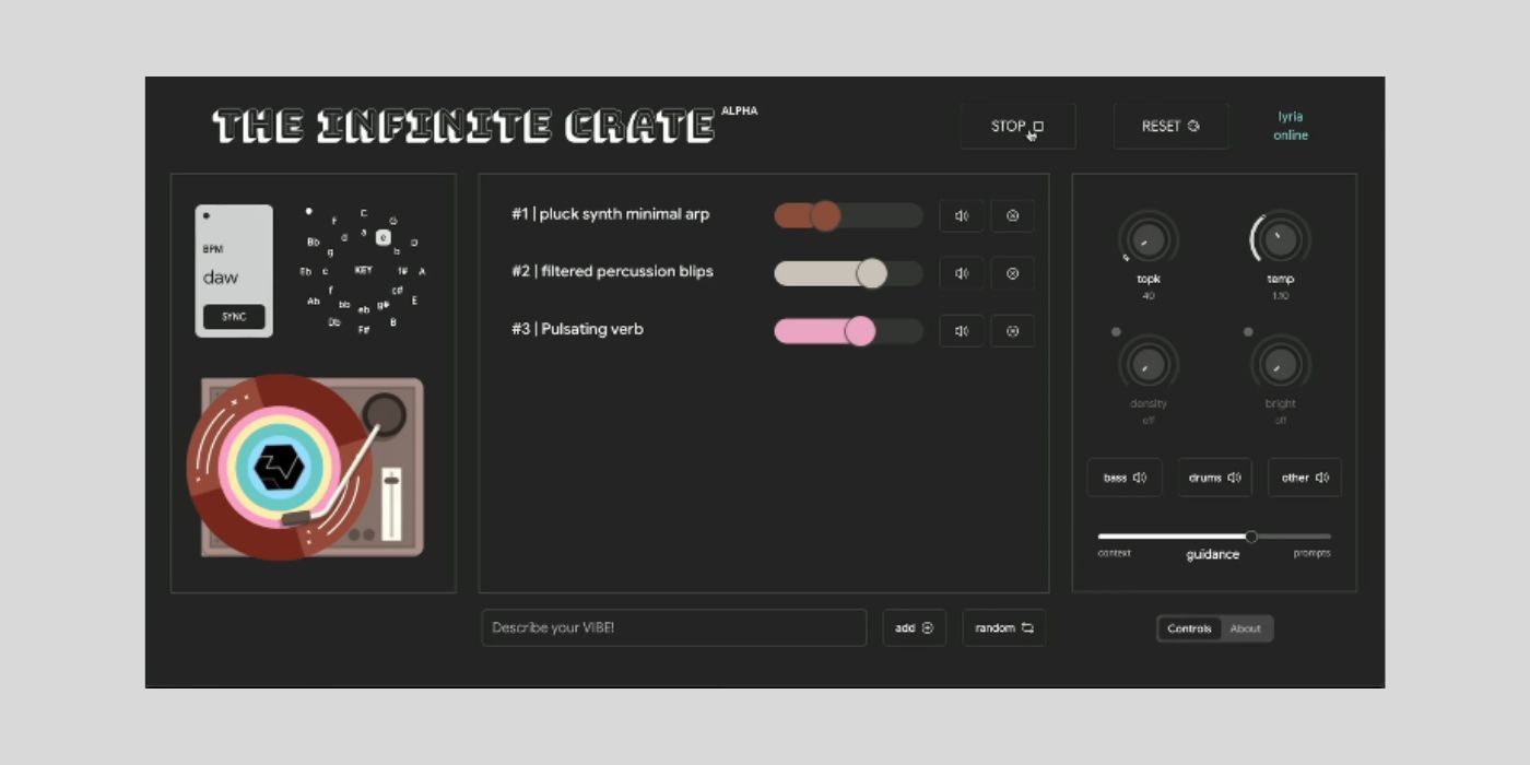 Infinite Crate open source VST3 plugin controls showing Guidance, TopK, BPM, and element muting interface