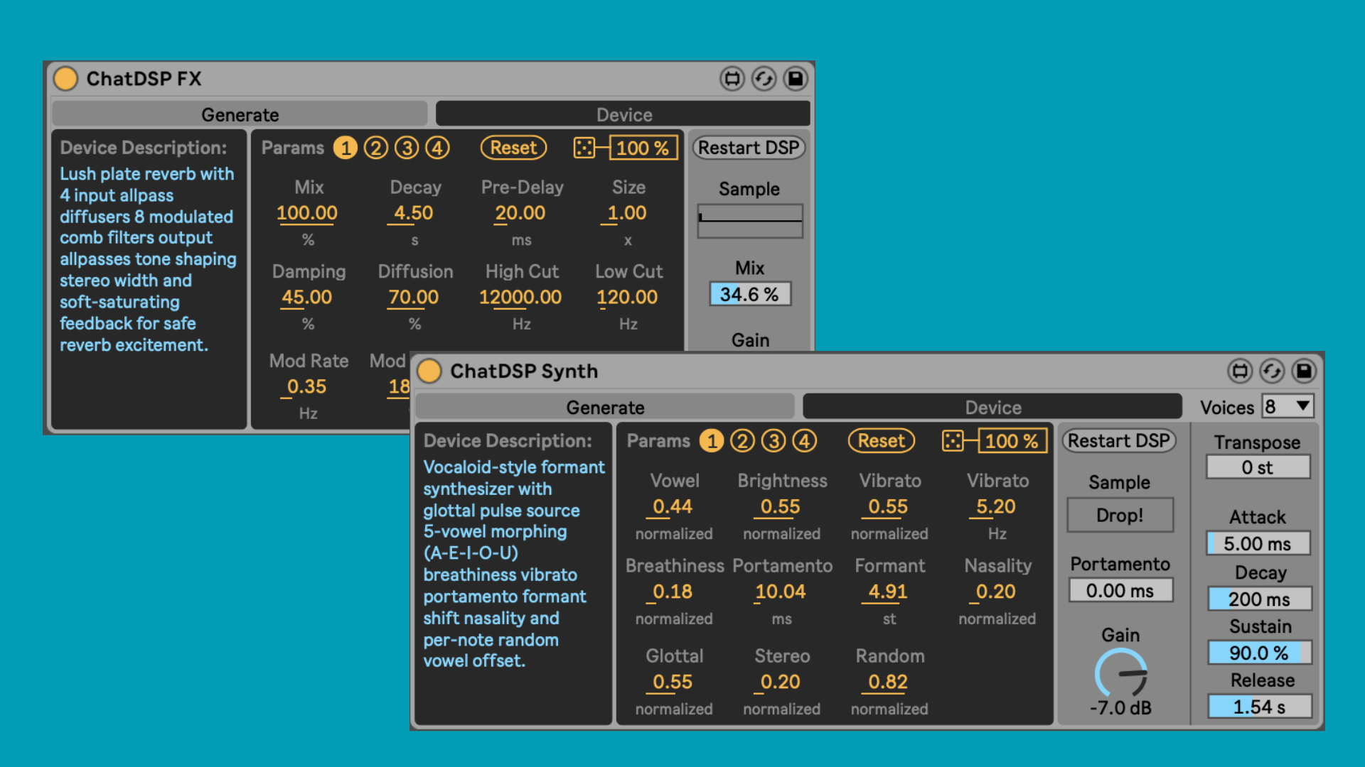 ChatDSP generated Max For Live synthesizer with 48 parameters in Ableton