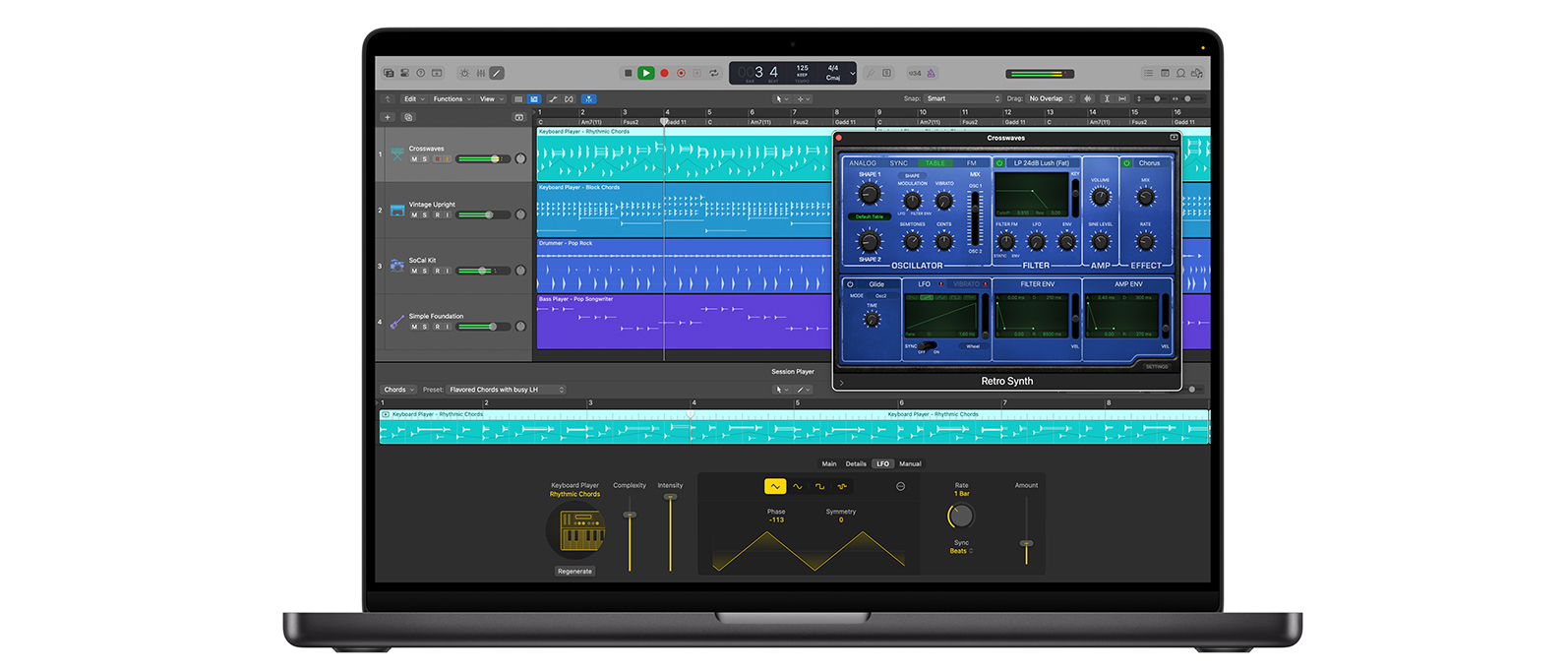 Logic Pro 12 interface overview showing the new Synth Player and Session Players panel