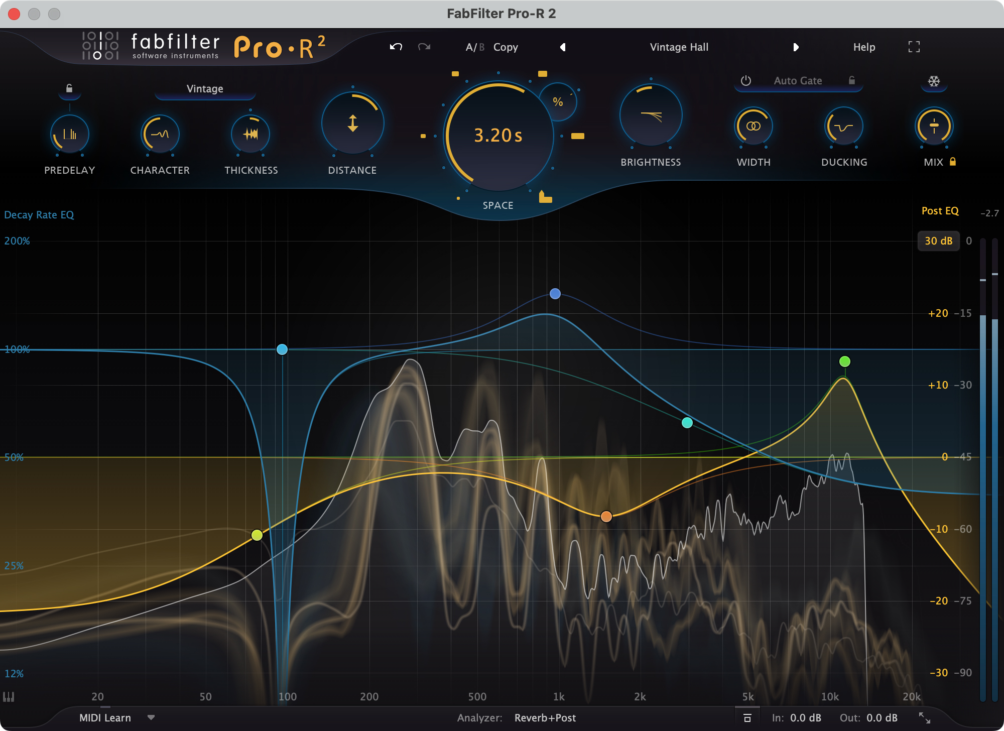 FabFilter Pro-R 2 디케이 레이트 EQ와 컨트롤 화면