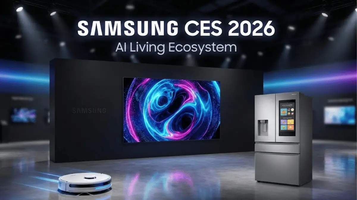 Samsung Galaxy AI Home ecosystem showcase at CES 2026 featuring Bespoke AI appliances and SmartThings integration