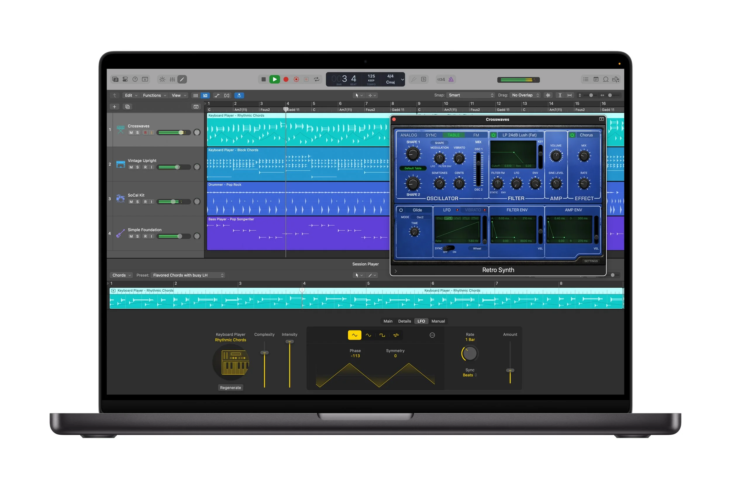 Logic Pro 12 Synth Player interface showing AI-powered synthesizer controls