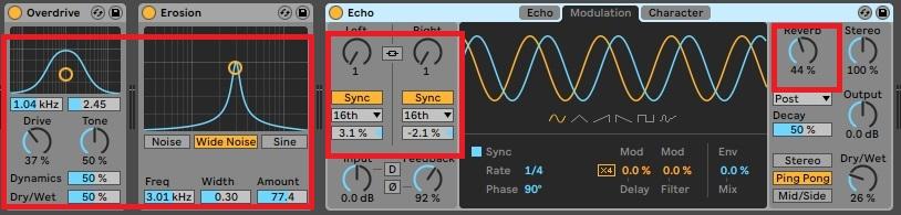Dub techno delay reverb effect chain with echo and overdrive processing in DAW