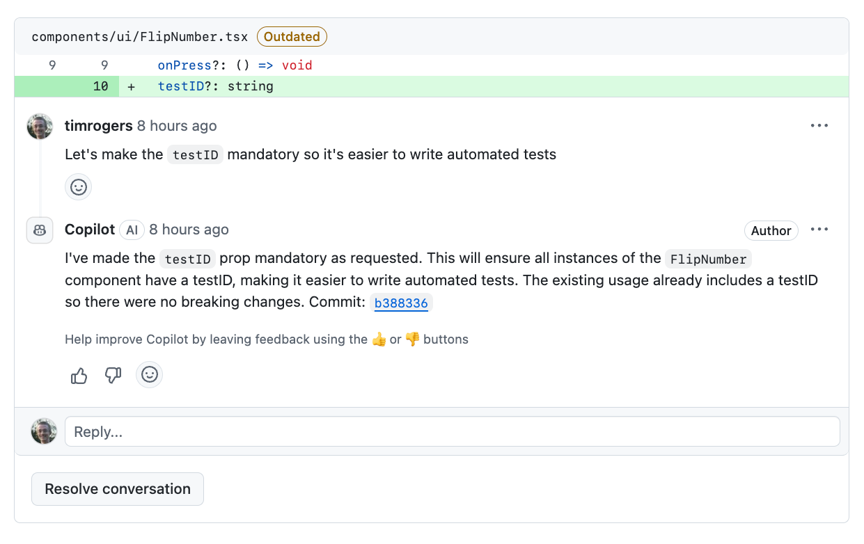 GitHub Copilot agent mode responding to PR comment feedback